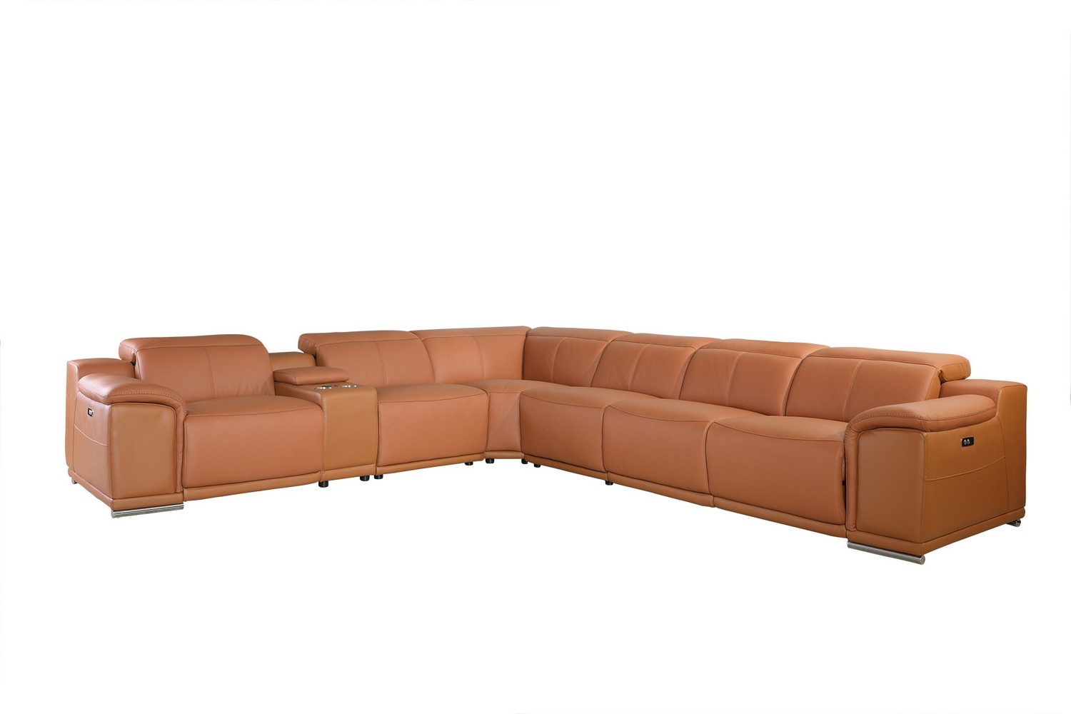 Camel Italian Leather Power Reclining U Shaped Seven Piece Corner Sectional With Console-366352-1