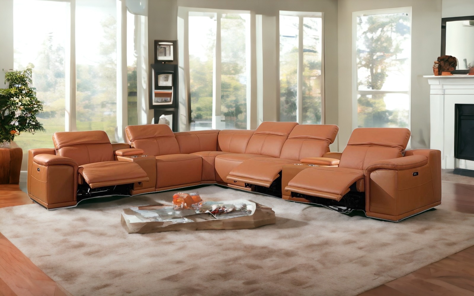 Camel Italian Leather Power Reclining U Shaped Eight Piece Corner Sectional With Console-366354-1