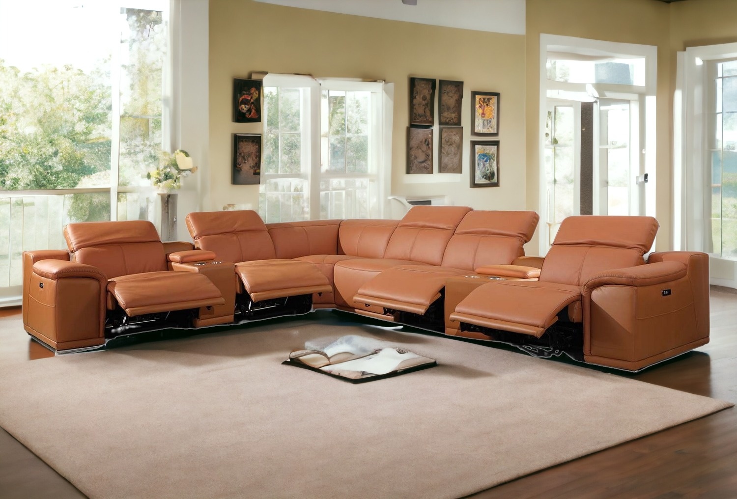 Camel Italian Leather Power Reclining U Shaped Eight Piece Corner Sectional With Console-366355-1
