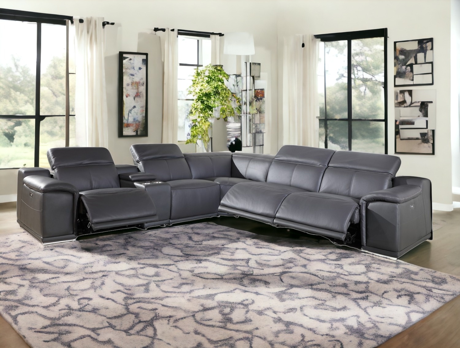 Gray Italian Leather Power Reclining U Shaped Six Piece Corner Sectional With Console-366356-1