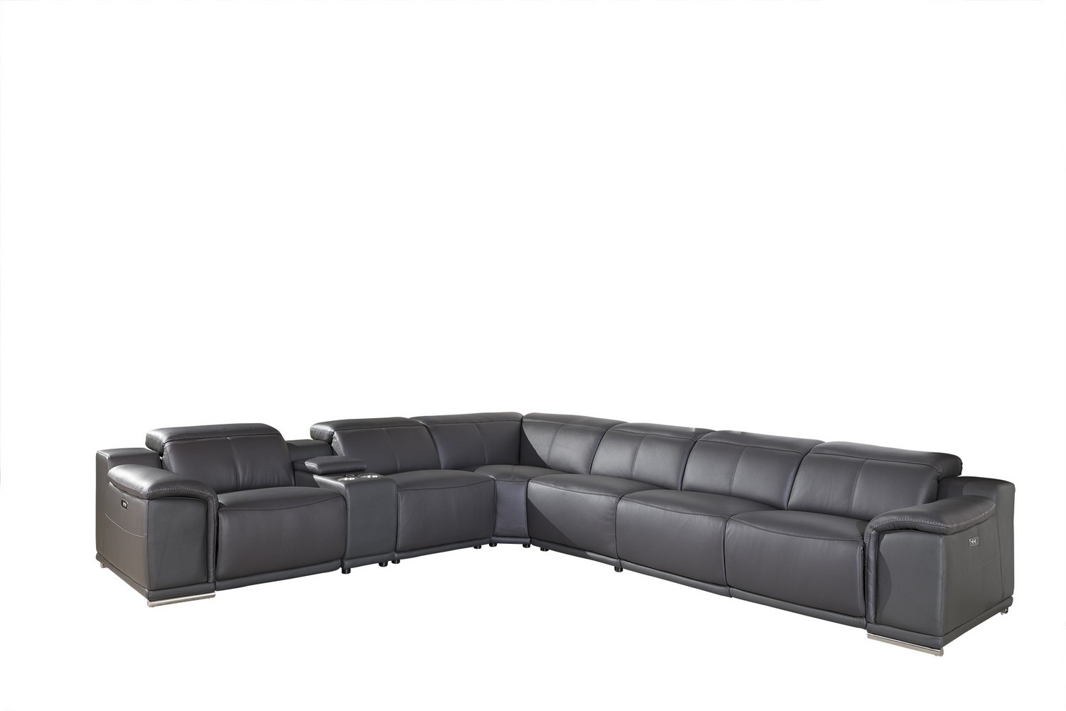 Gray Italian Leather Power Reclining U Shaped Seven Piece Corner Sectional With Console-366357-1