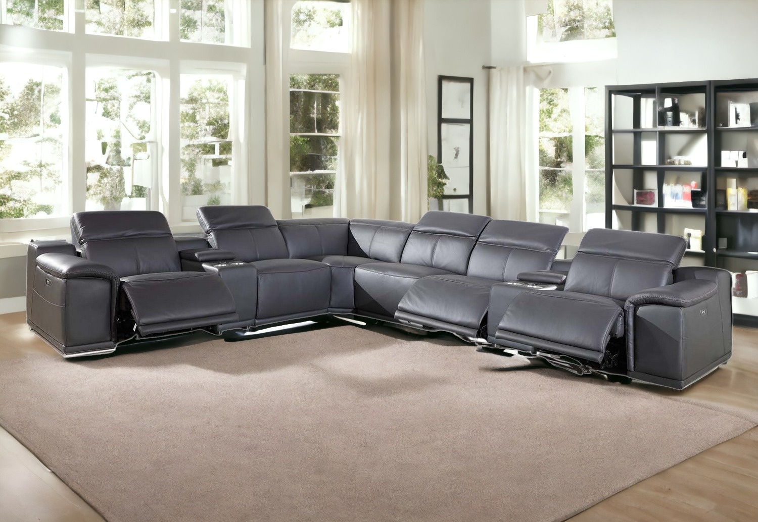 Gray Italian Leather Power Reclining U Shaped Eight Piece Corner Sectional With Console-366359-1