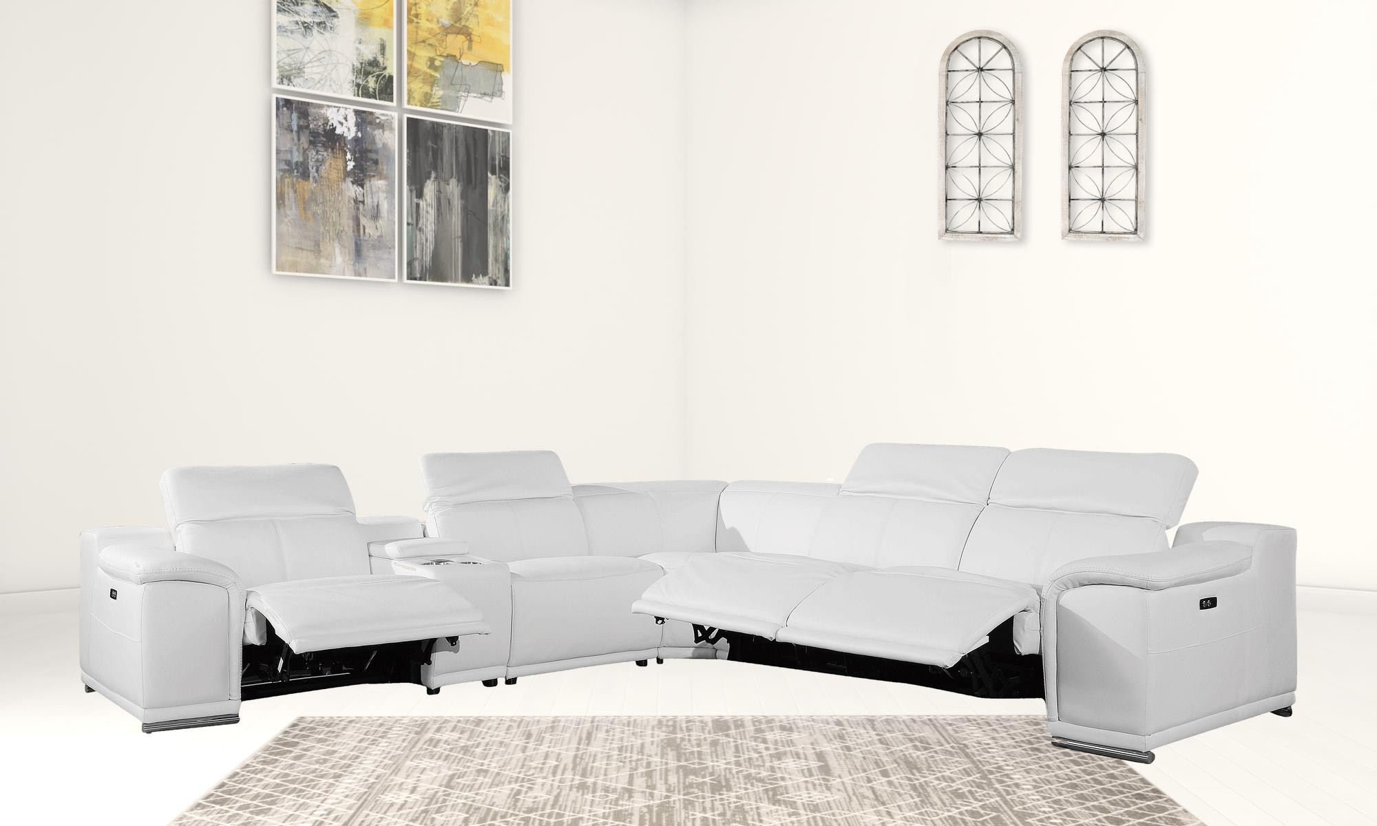 White Italian Leather Power Reclining U Shaped Six Piece Corner Sectional With Console-366361-1
