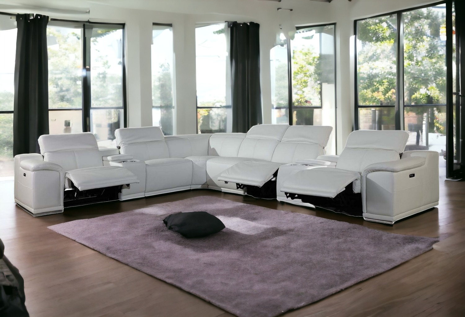 White Italian Leather Power Reclining U Shaped Eight Piece Corner Sectional With Console-366364-1