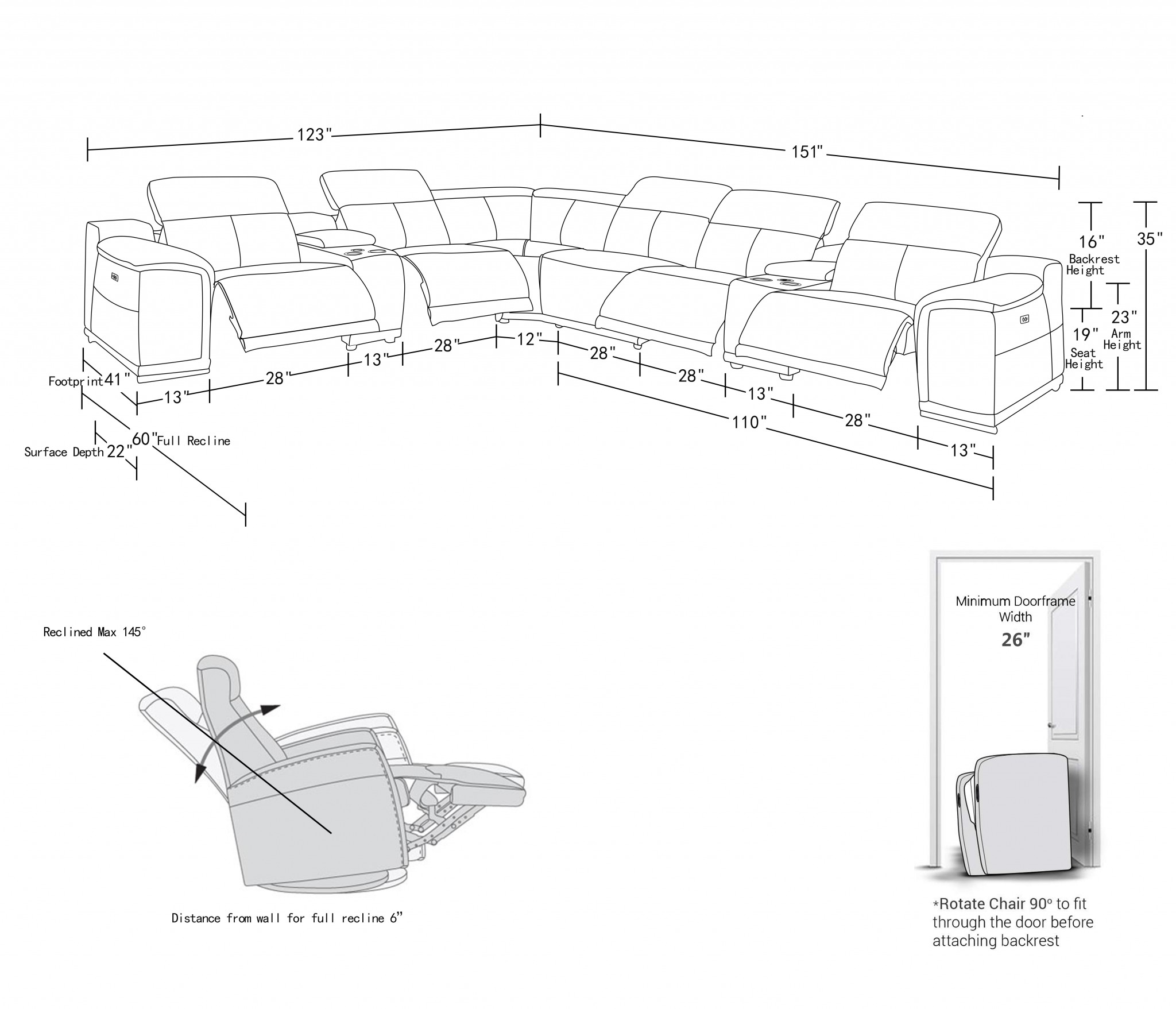 267" X 320" X 266.4" White Power Reclining 8PC Sectional