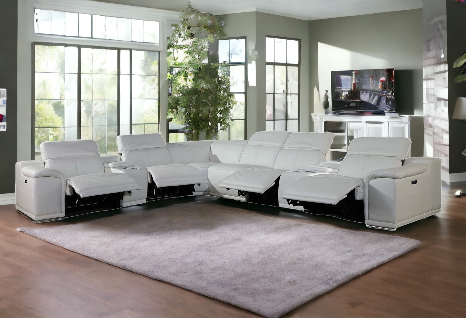 White Italian Leather Power Reclining U Shaped Eight Piece Corner Sectional With Console-366365-1