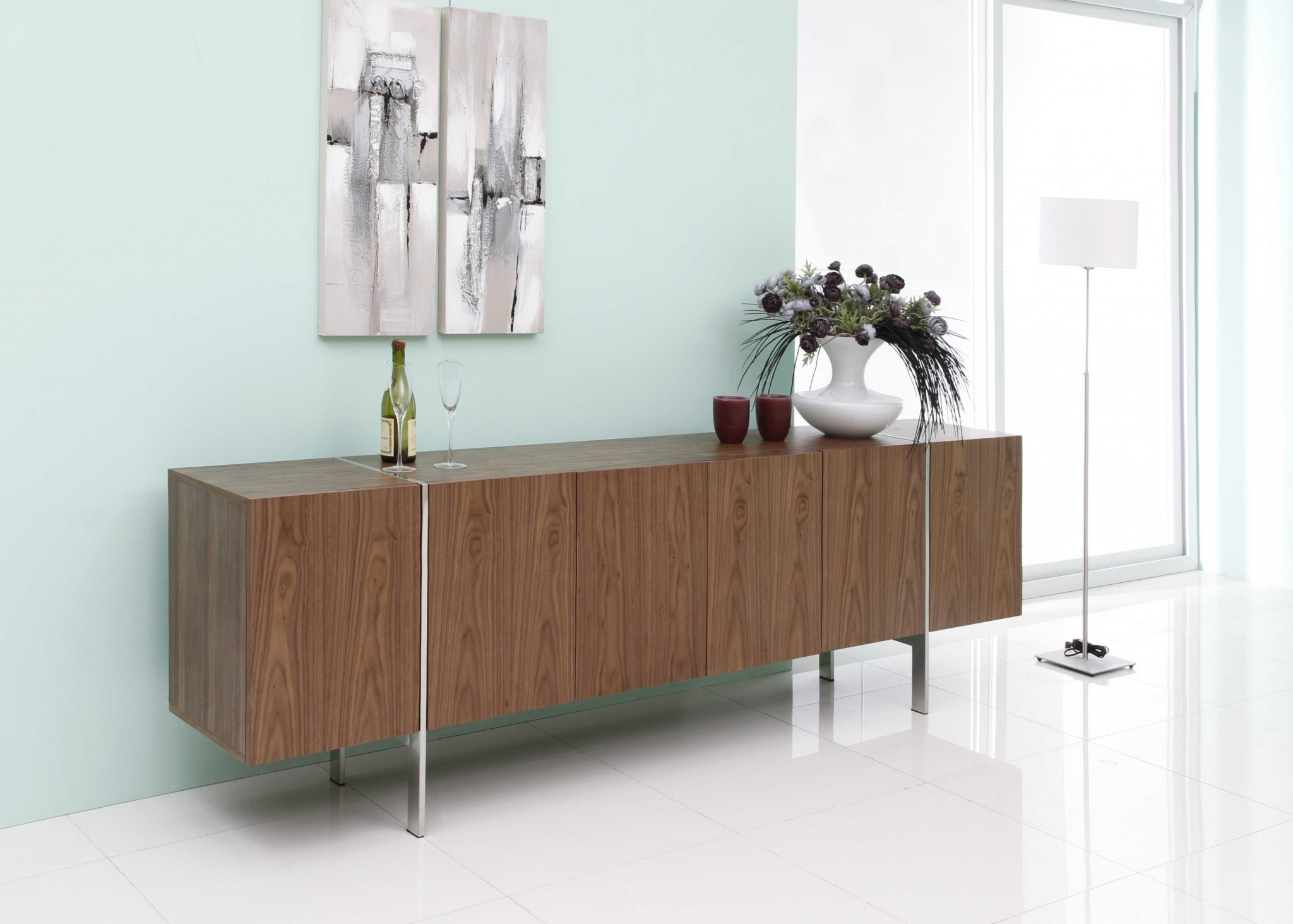 95" X 17" X 30" Walnut Stainless Steel Buffet