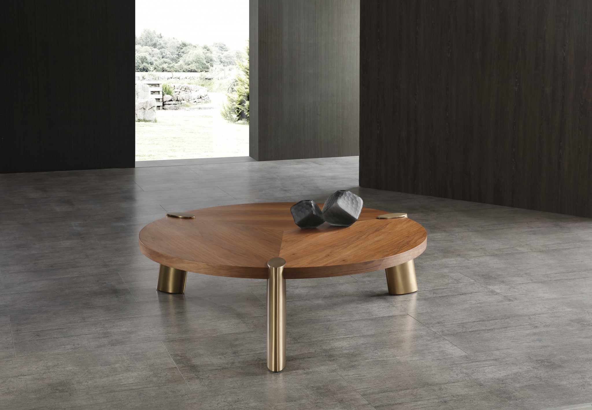 55" X 55" X 17" Walnut Stainless Steel Coffee Table