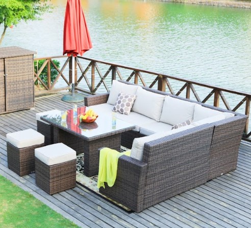 180.96" X 33.54" X 34.71" Brown 8Piece Outdoor Sectional Set with Cushions