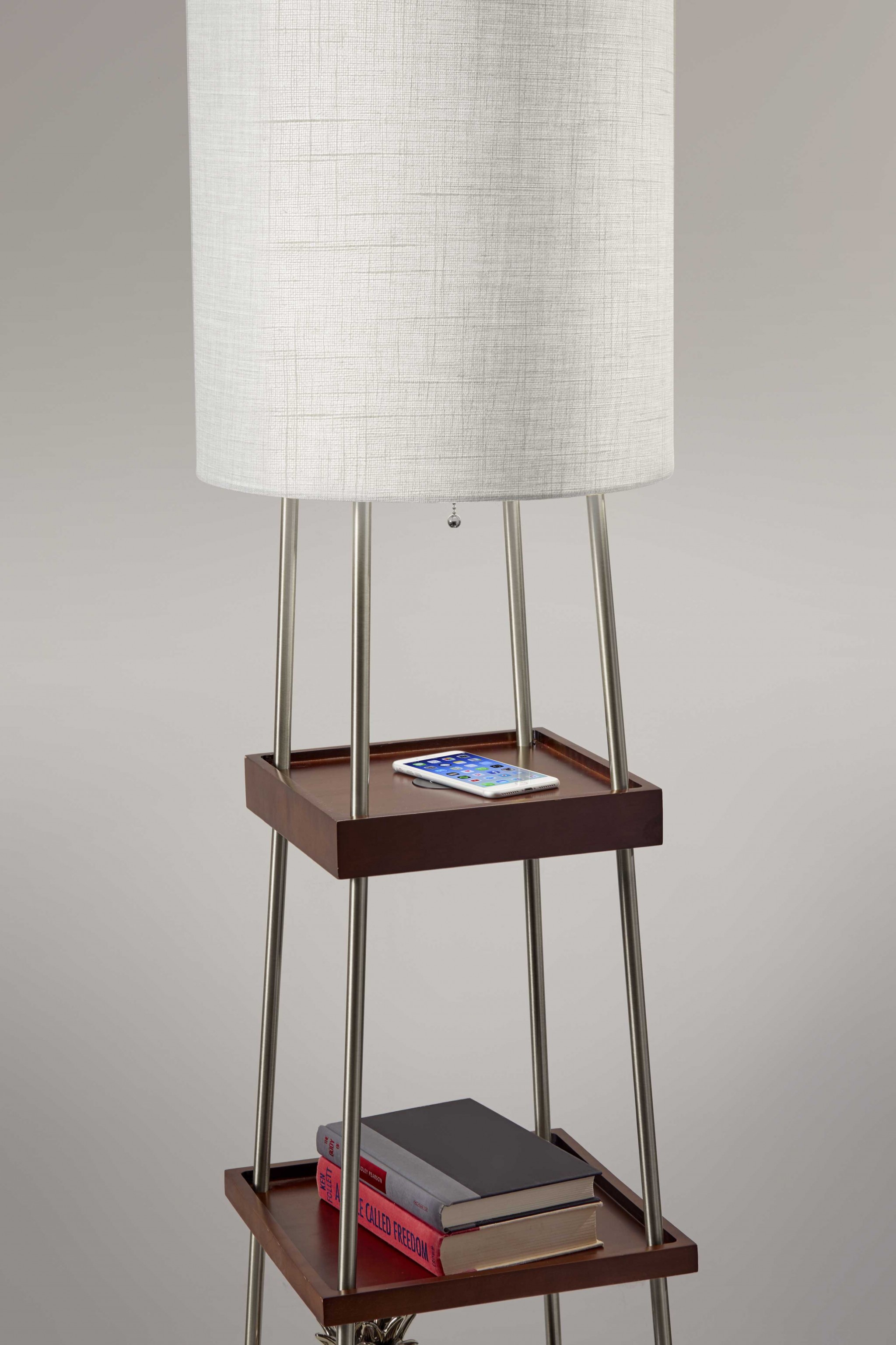 16" X 16" X 63.25" Walnut Wood Metal Shelf Floor Lamp