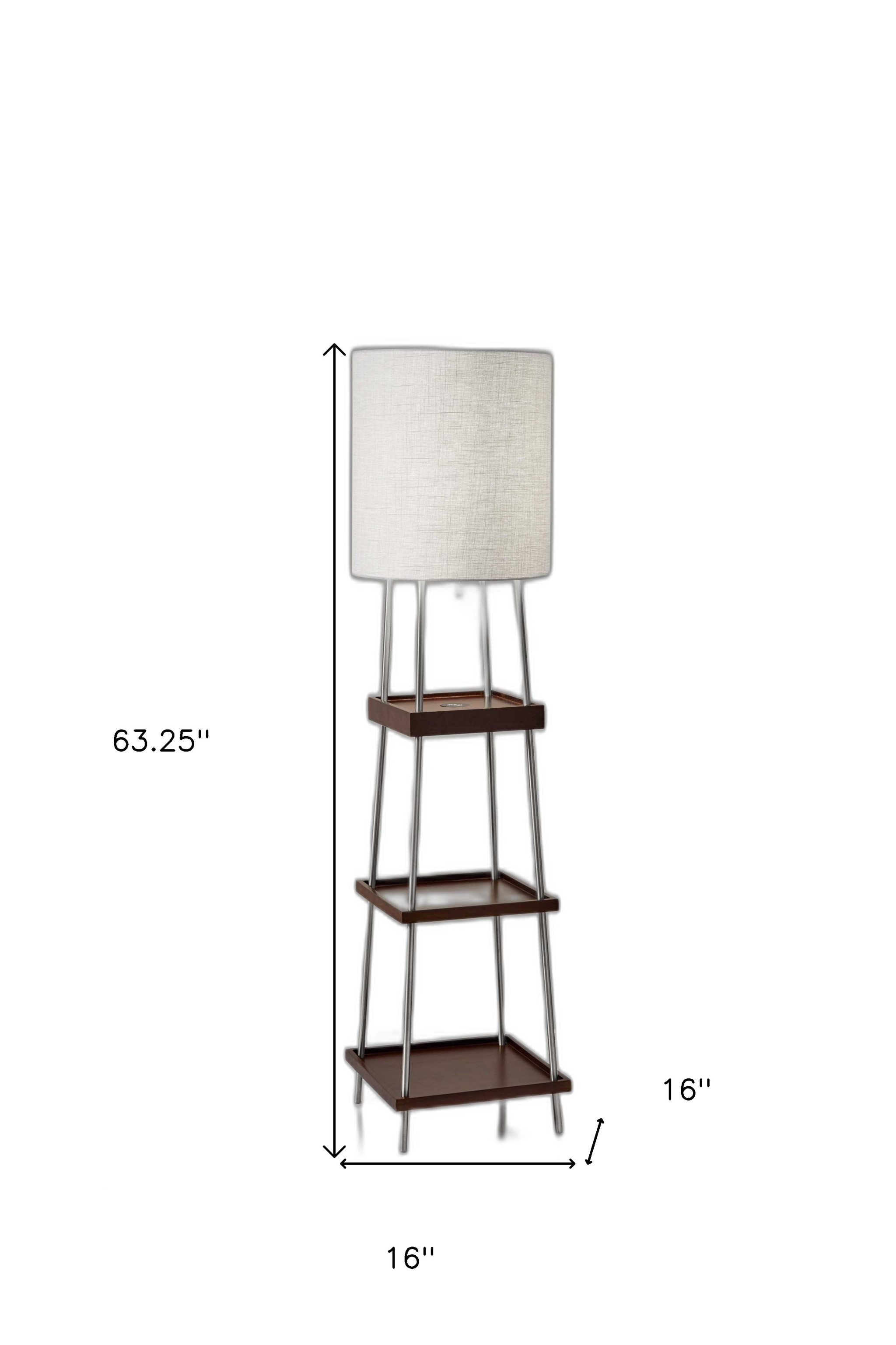 16" X 16" X 63.25" Walnut Wood Metal Shelf Floor Lamp