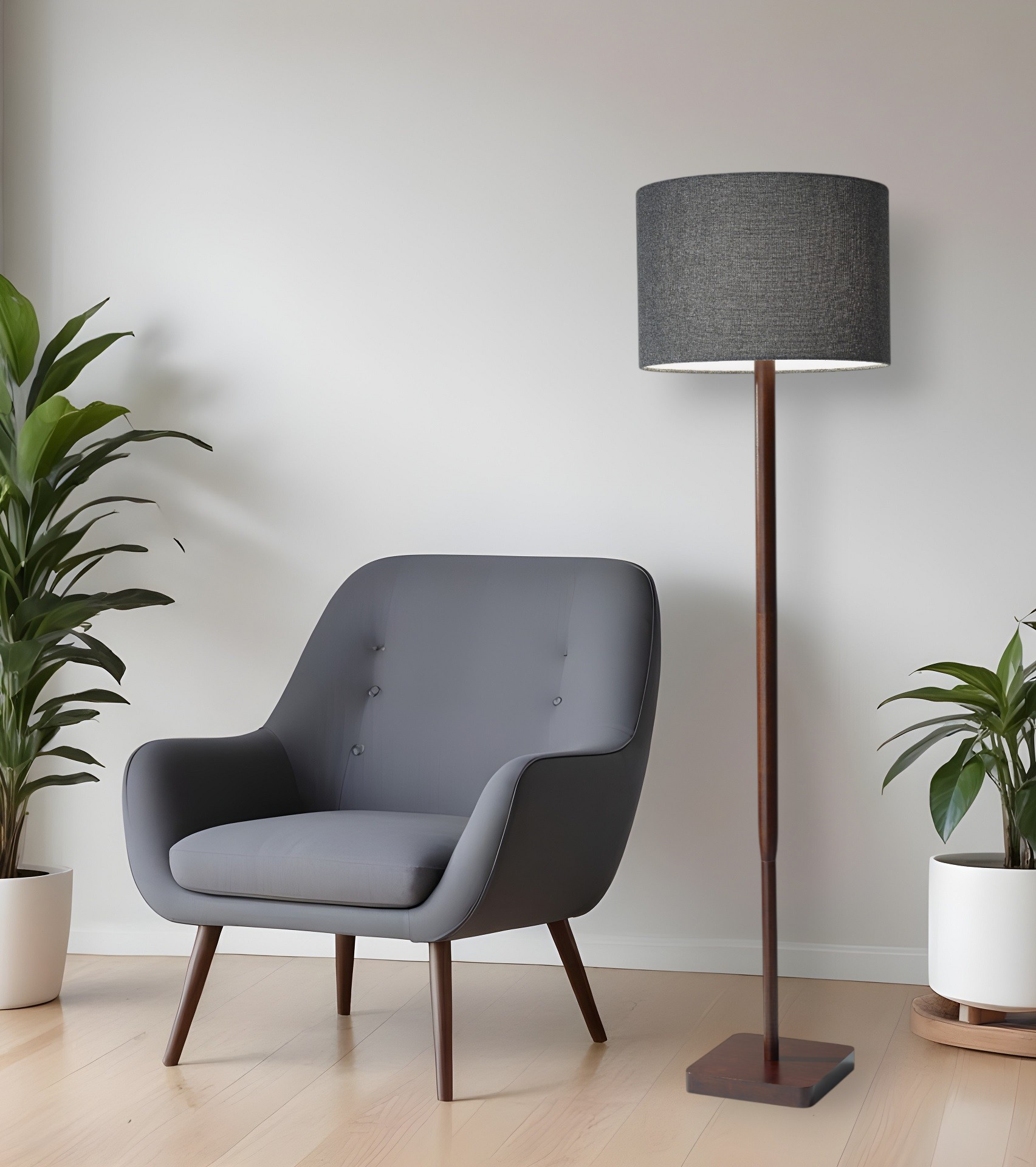 59" Brown And Black Solid Wood Floor Lamp With Dark Gray Fabric Drum Shade-372676-1