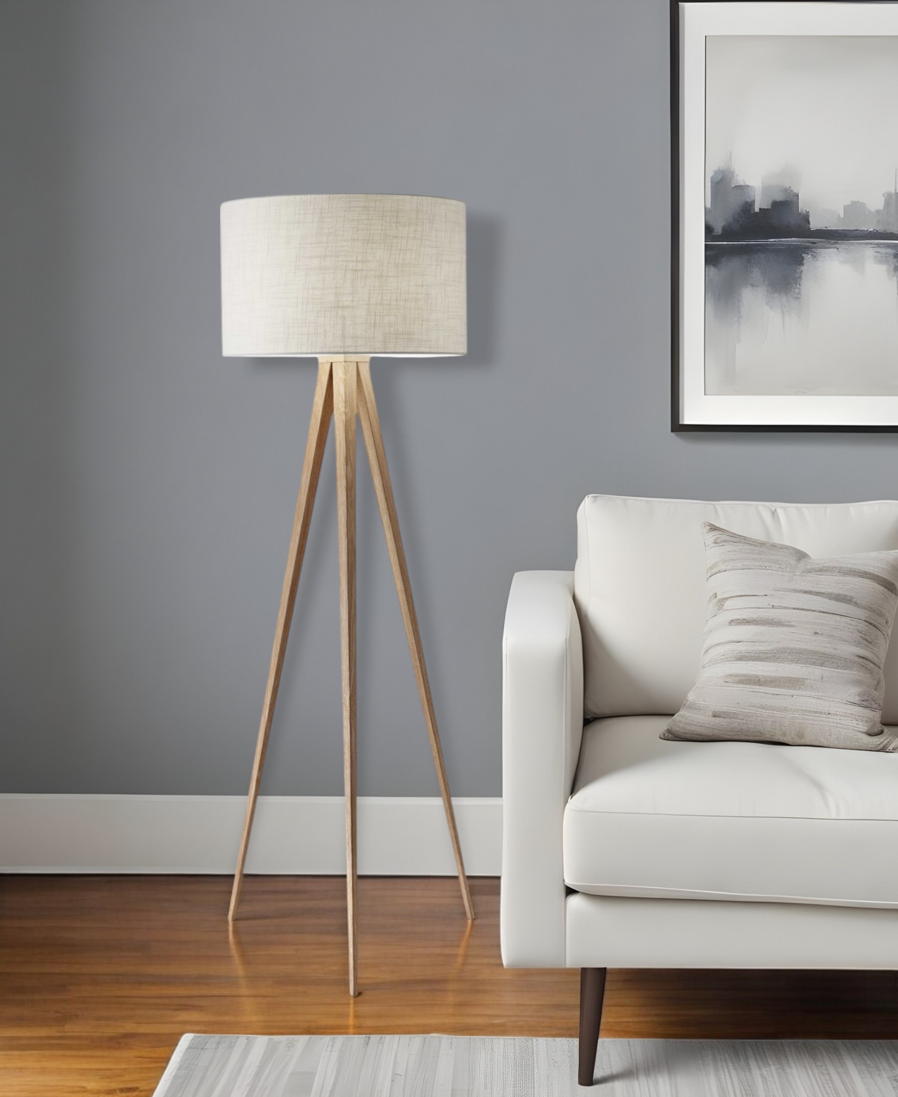 60" Natural Metal Tripod Floor Lamp With White Fabric Drum Shade-372804-1