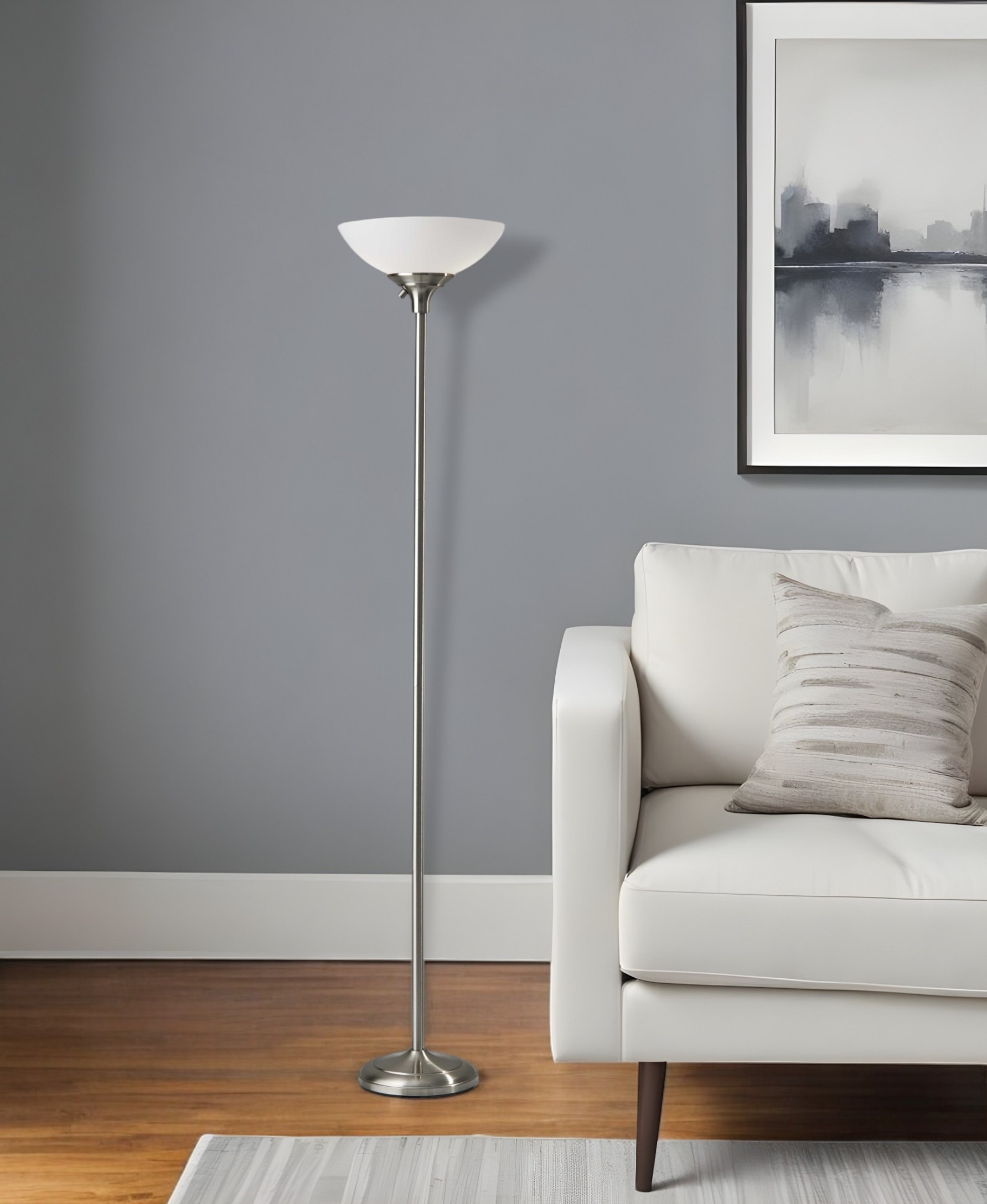71" Silver Metal Torchiere Floor Lamp With White Bowl Shade-372815-1