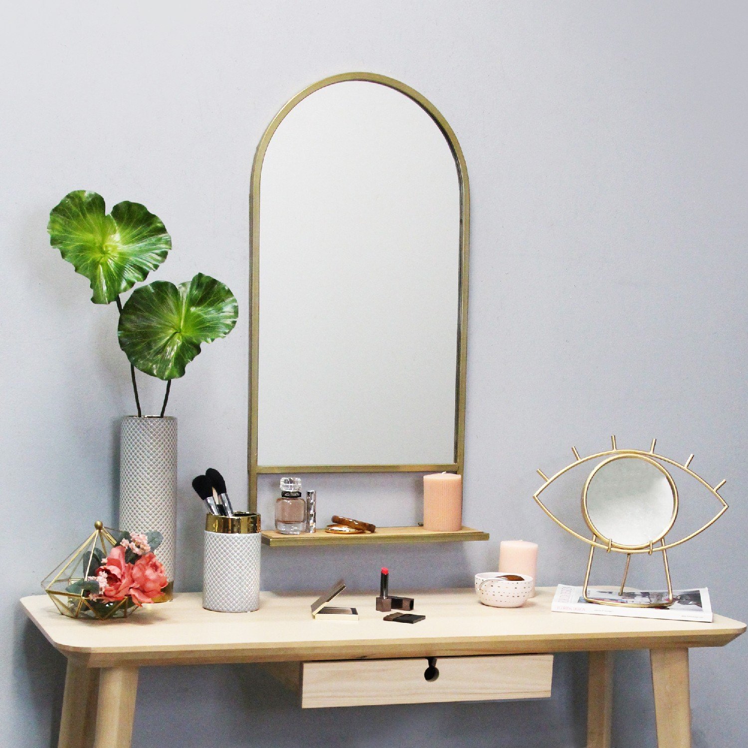 Bohemian Gold Metal Frame Mirror with Collapsible Shelf