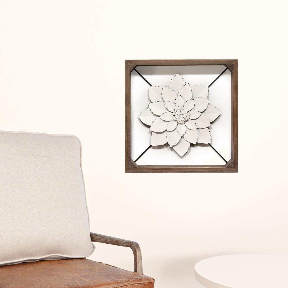 White Metal & Wood Framed Wall Flower