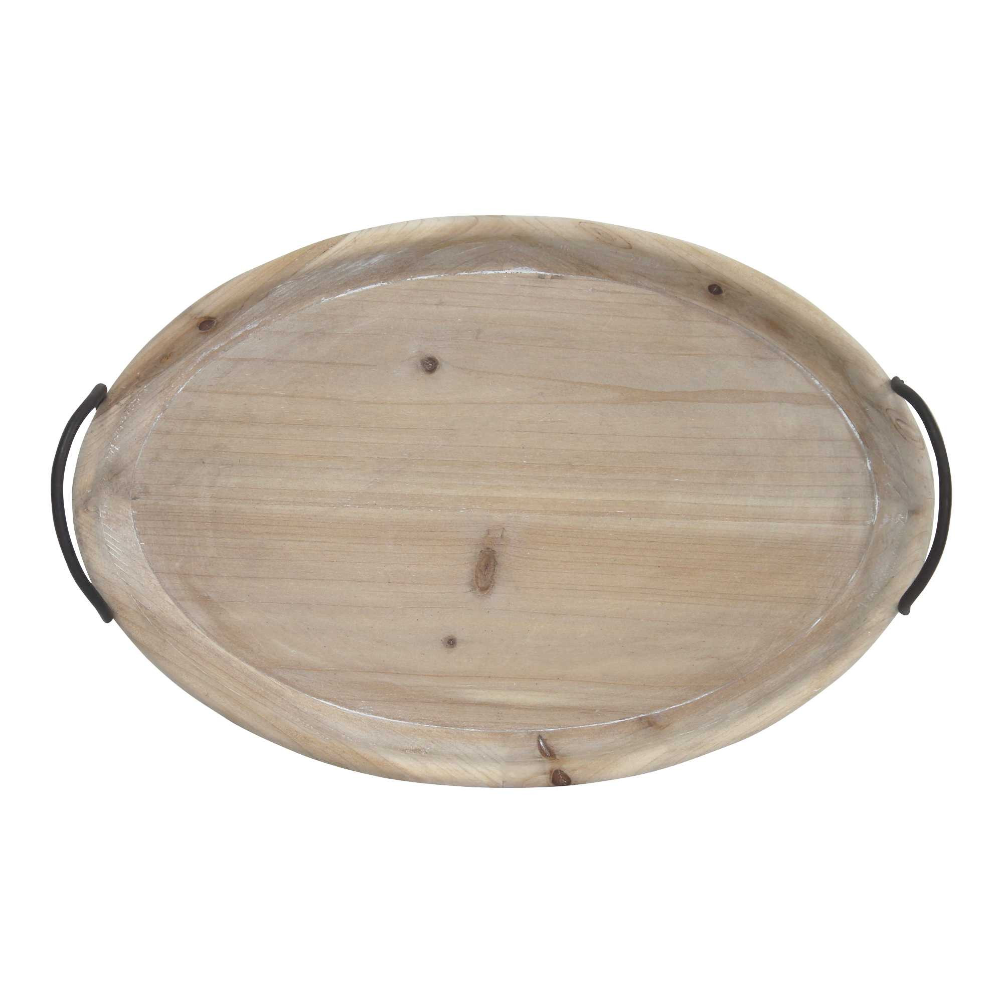 18" Oval Natural Ivory-Finished Wood with Curved Black Metal Handles