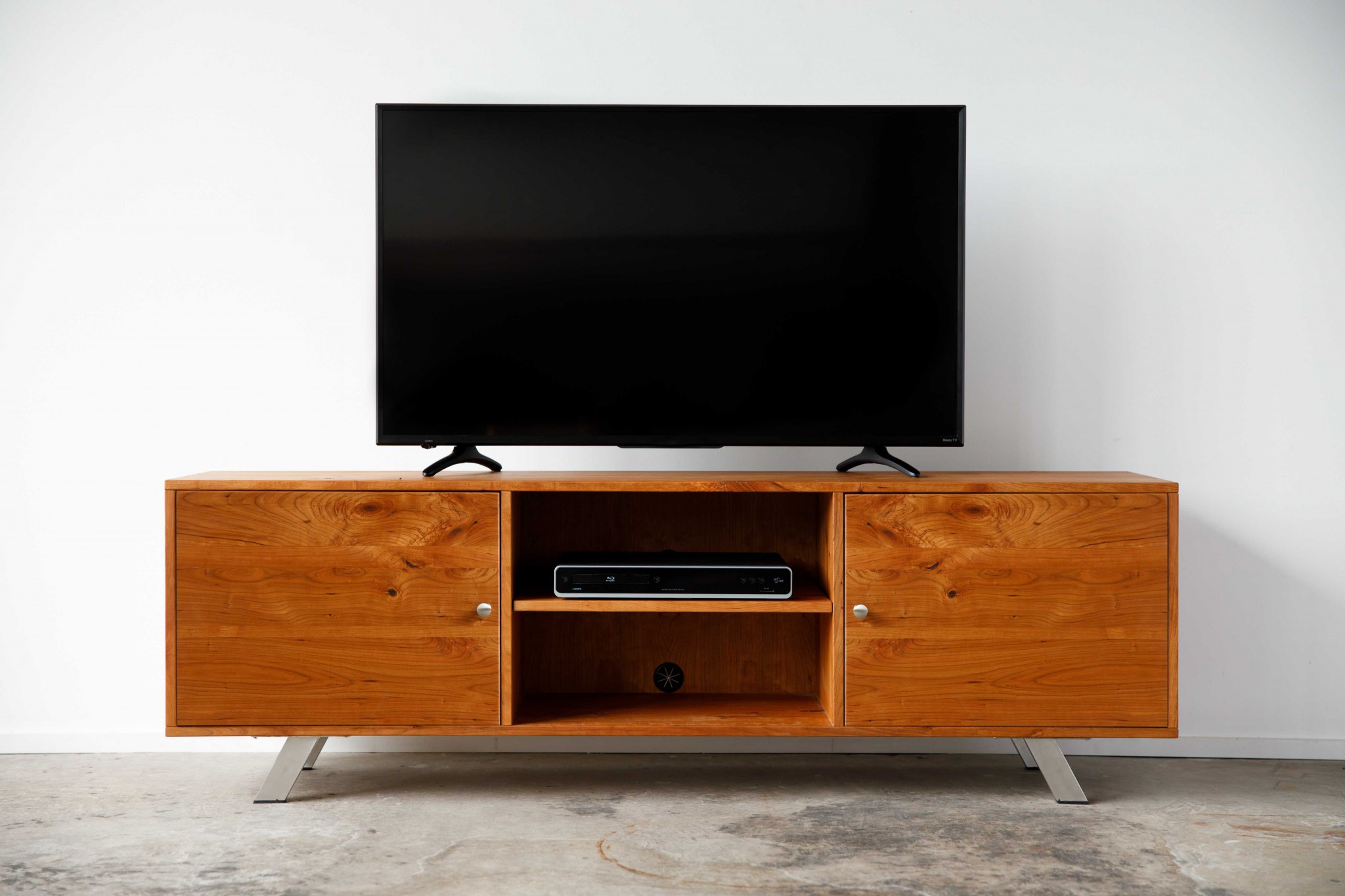 Warm Natural Cherry And Steel TV Stand or Media Center