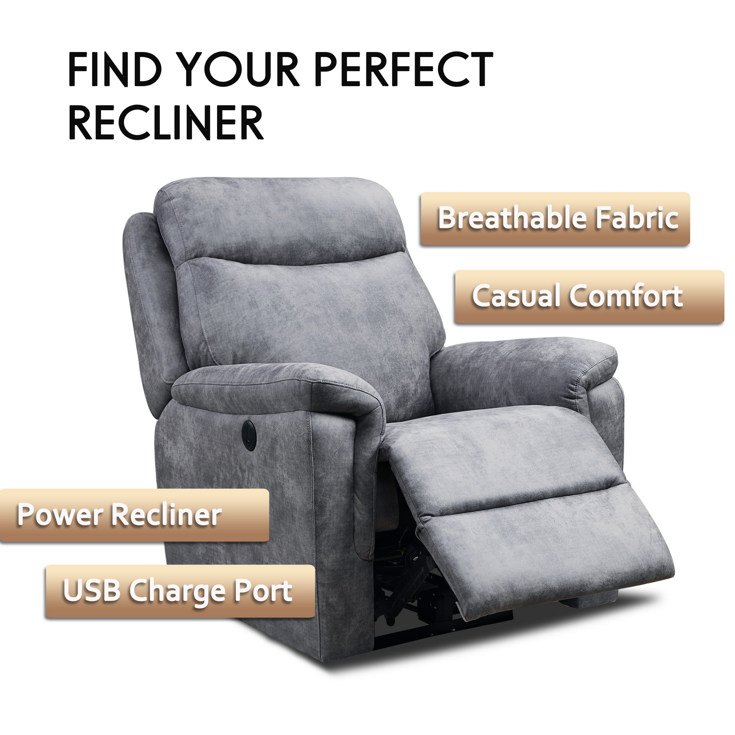 36.2" X 39.37" X 41.7" Grey Air Leather - Power Recliner with USB port