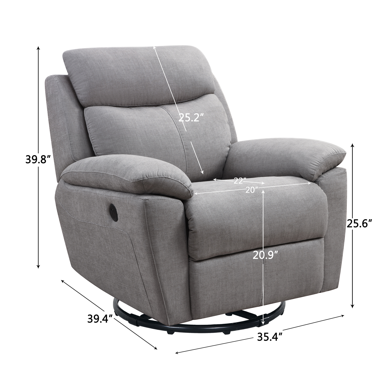 35.43" X 39.37" X 39.8" Light Grey Fabric Glider & Swivel Power Recliner with USB port