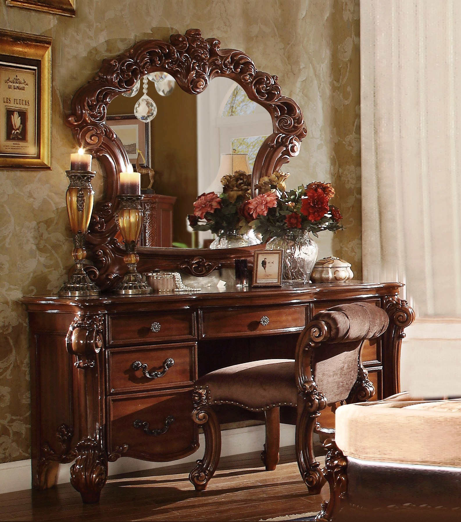 63" Brown Peninsula Vanity Desk With 7 Drawers-374210-1