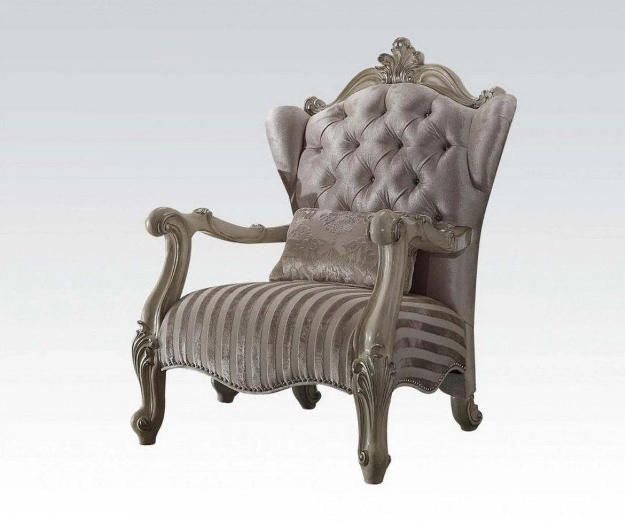 33" Ivory and Pearl Velvet Striped Tufted Wingback Chair And Toss Pillow-374247-1