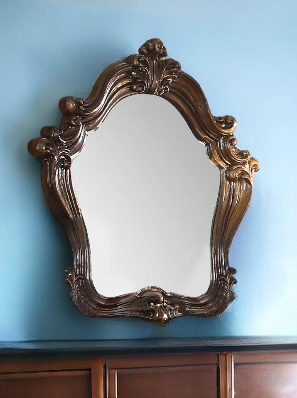 47" Brown Crowned Top Solid Wood Framed Mounted Dresser Mirror-374250-1