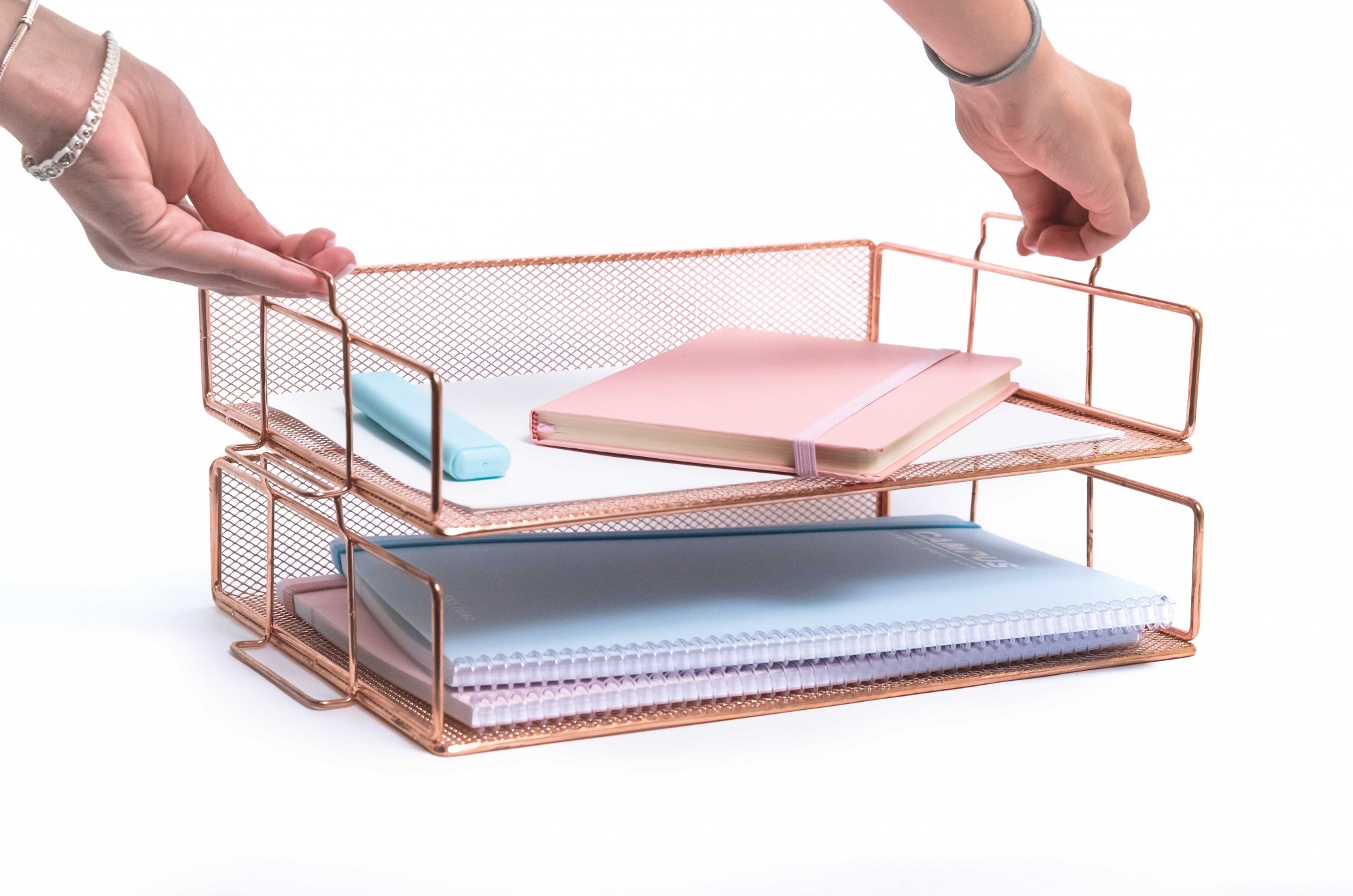 Stylish Rose Gold Stackable 2 Tier Paper Tray Desk Organizer for Women