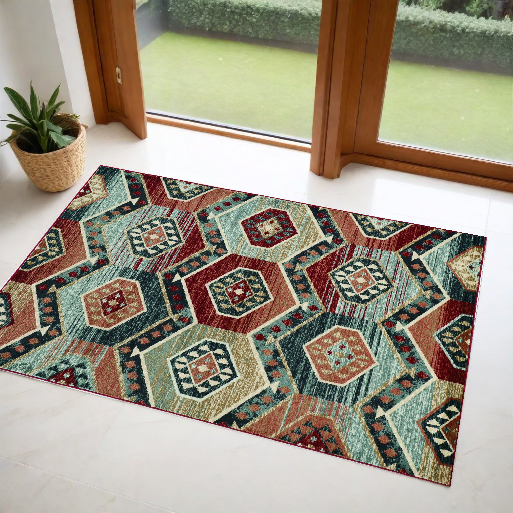3' X 5' Red Machine Woven Honeycomb Lodge Indoor Area Rug-374401-1