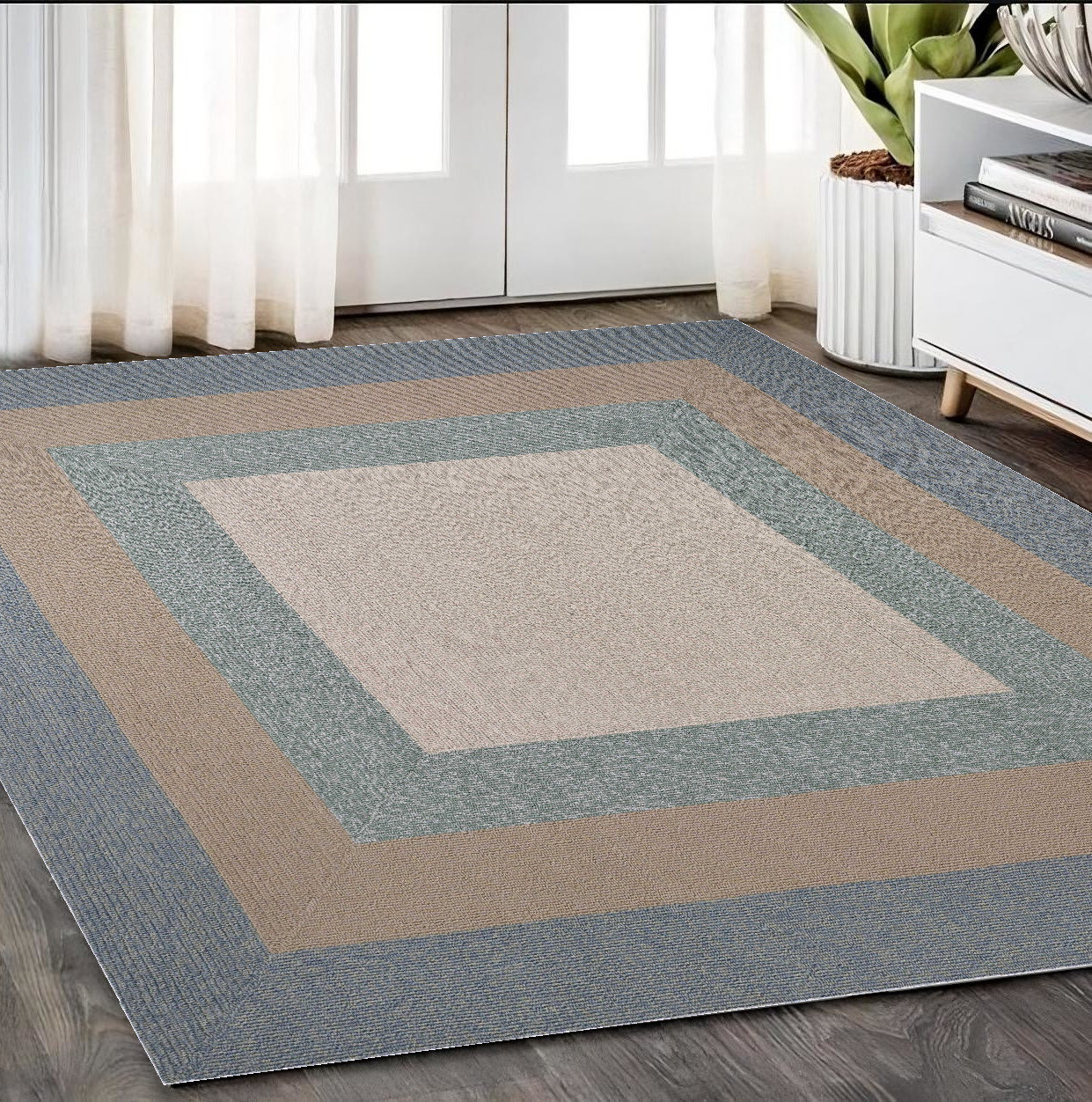 5' X 8' Tan Ivory and Blue Geometric Hand Tufted Area Rug-374428-1