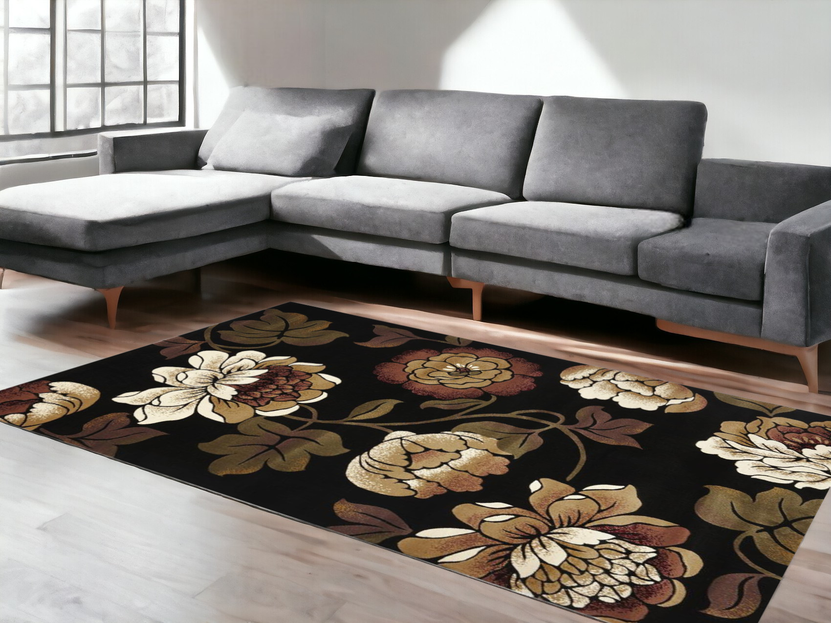 5' x 8' Black and Tan Floral Area Rug-374498-1