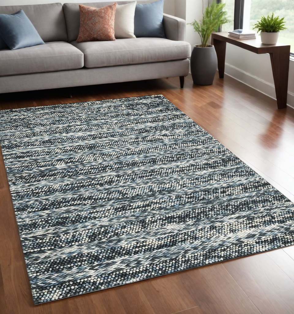 5' X 7' Ivory Blue And Gray Wool Striped Hand Woven Area Rug-374501-1