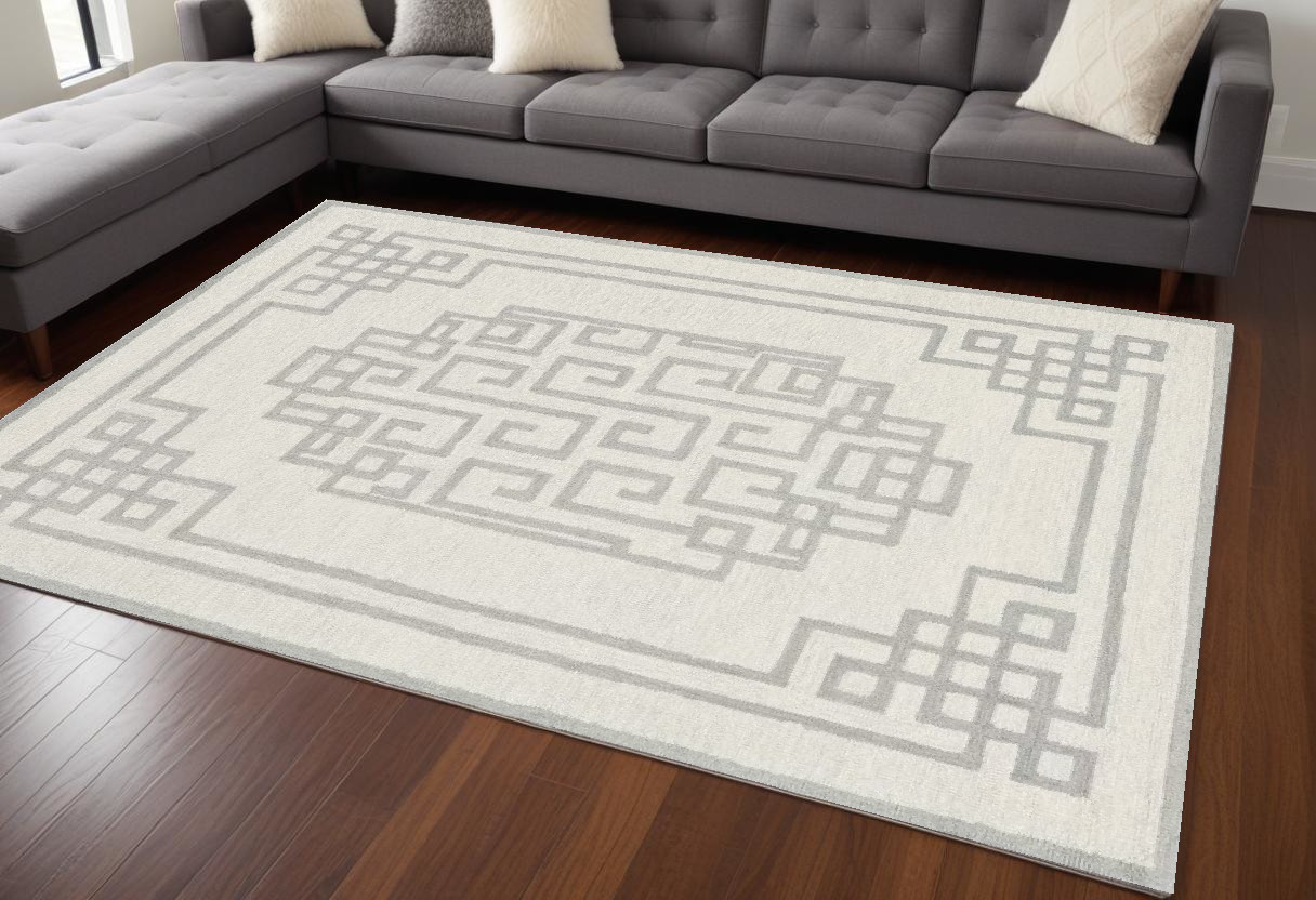 9' X 12' Ivory And Gray Wool Geometric Hand Tufted Area Rug-374676-1