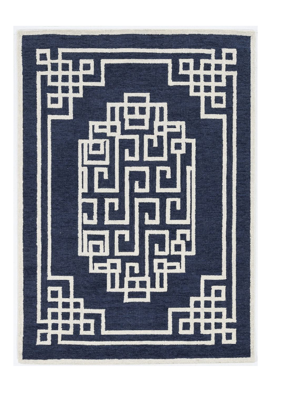 5'X7' Navy Blue Ivory Hand Tufted Bordered Greek Key Indoor Area Rug-374679-1