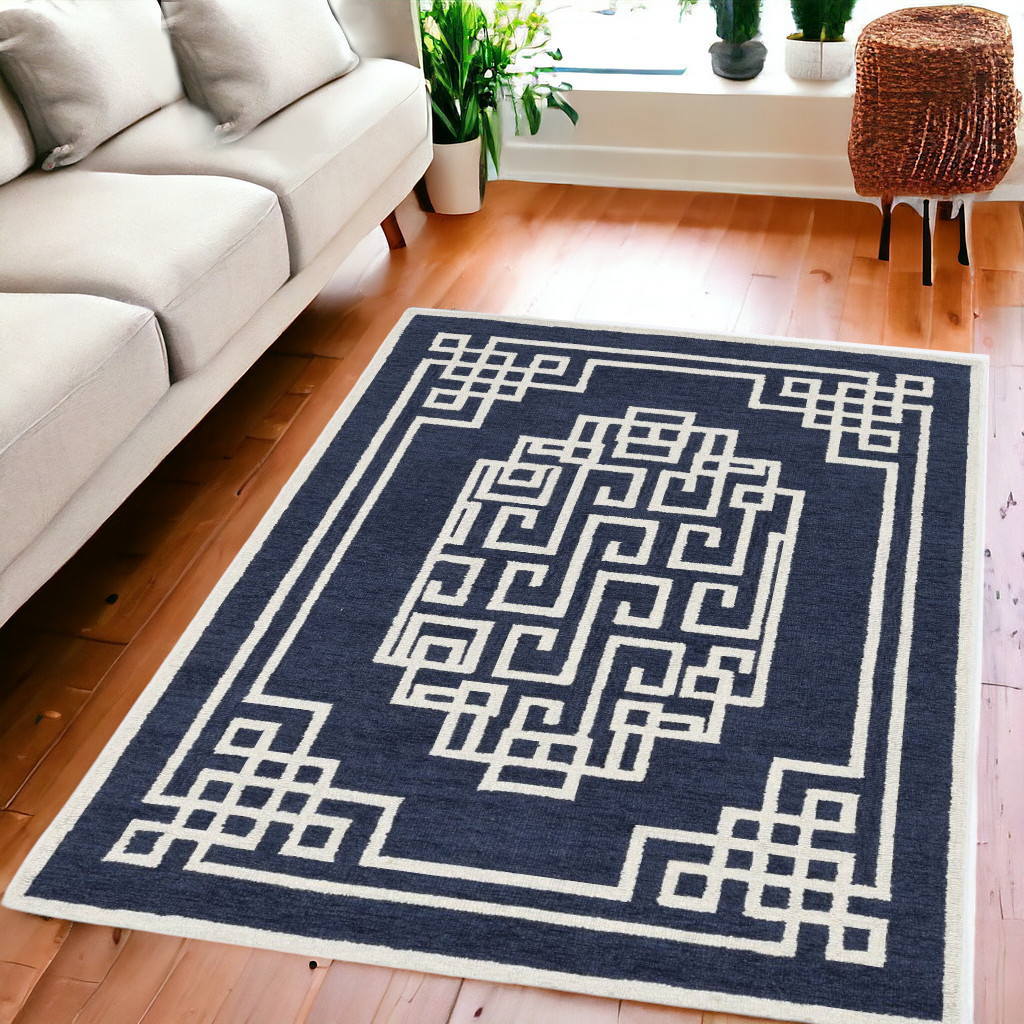 5' X 7' Navy Blue And Ivory Wool Abstract Geometric Hand Tufted Area Rug-374679-1