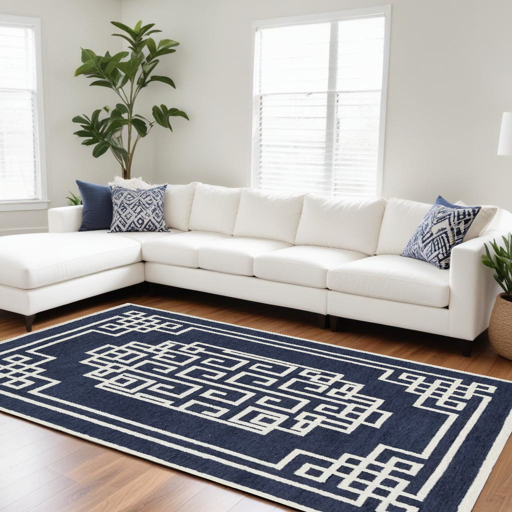 8' X 10' Navy Blue And Ivory Wool Geometric Hand Tufted Area Rug-374680-1
