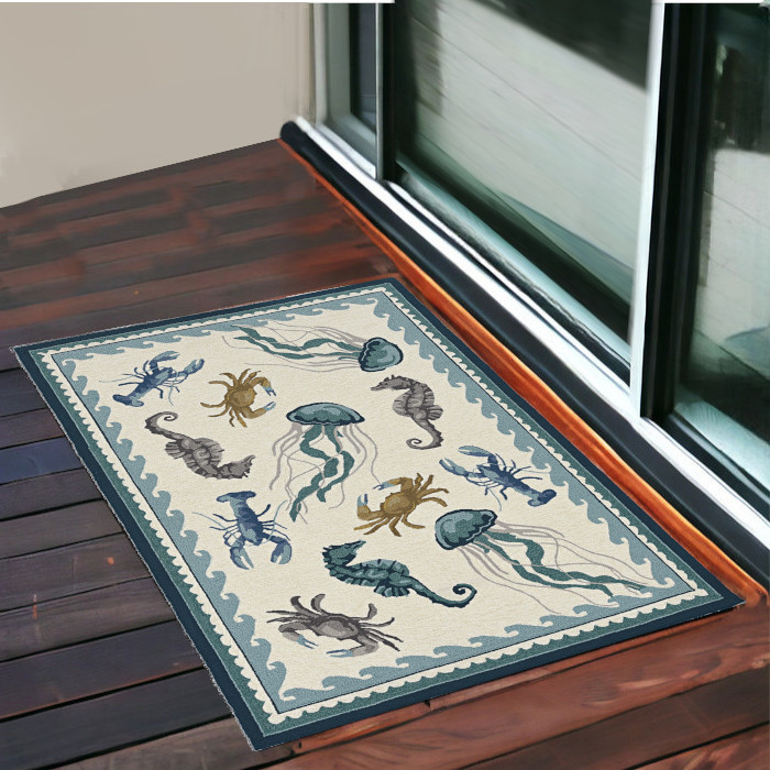 3'X5' Ivory Teal Hand Hooked Uv Treated Coastal Sea Life Indoor Outdoor Area Rug-374688-1