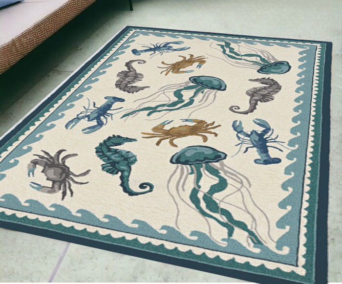 5' X 7' Ivory Or Teal Sea Creatures Indoor Outdoor Area Rug-374689-1