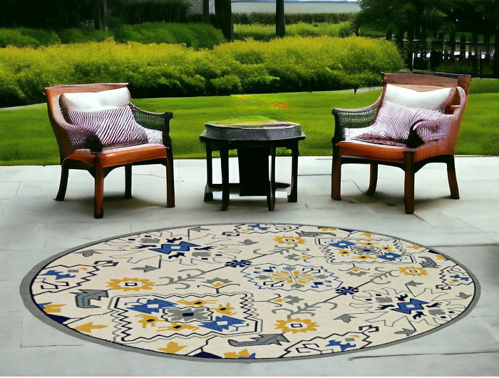 8' Ivory Hand Woven Uv Treated Geometric Traditional Round Indoor Outdoor Area Rug-374695-1