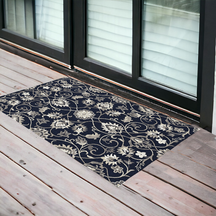 2'X3' Navy Blue Hand Hooked Uv Treated Floral Vines Indoor Outdoor Accent Rug-374697-1