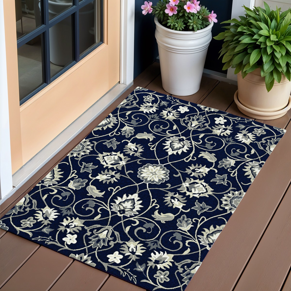 3' X 5' Navy Blue Floral Indoor Outdoor Area Rug-374698-1