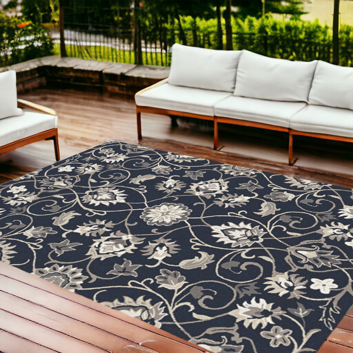 8'X10' Navy Blue Hand Woven Uv Treated Traditional Floral Vines Indoor Outdoor Area Rug-374701-1