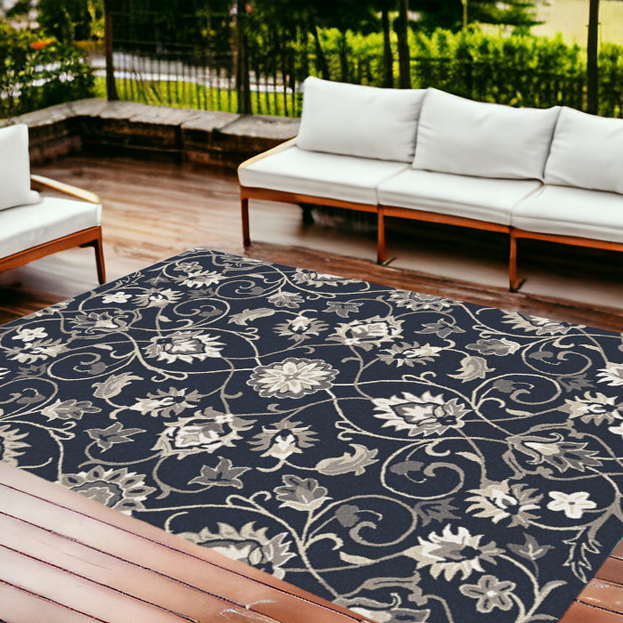 8' X 10' Navy Blue Round Floral Indoor Outdoor Area Rug-374701-1