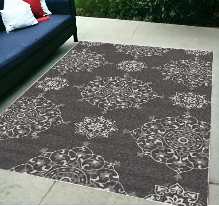 5'X8' Charcoal Grey Hand Woven Uv Treated Floral Disk Indoor Outdoor Area Rug-374704-1