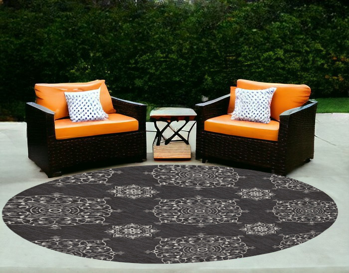 8' Charcoal Round Floral Indoor Outdoor Area Rug-374705-1
