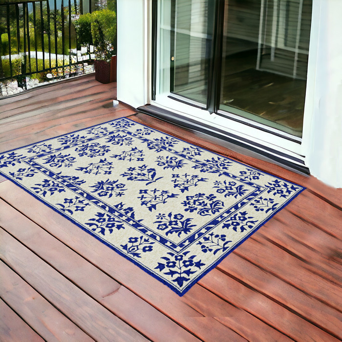 3'X5' Sand Blue Hand Hooked Uv Treated Traditional Floral Design Indoor Outdoor Rug-374708-1