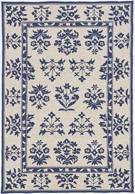 5' X 7' Sand Or Blue Floral Bordered Indoor Outdoor Area Rug-374709-1