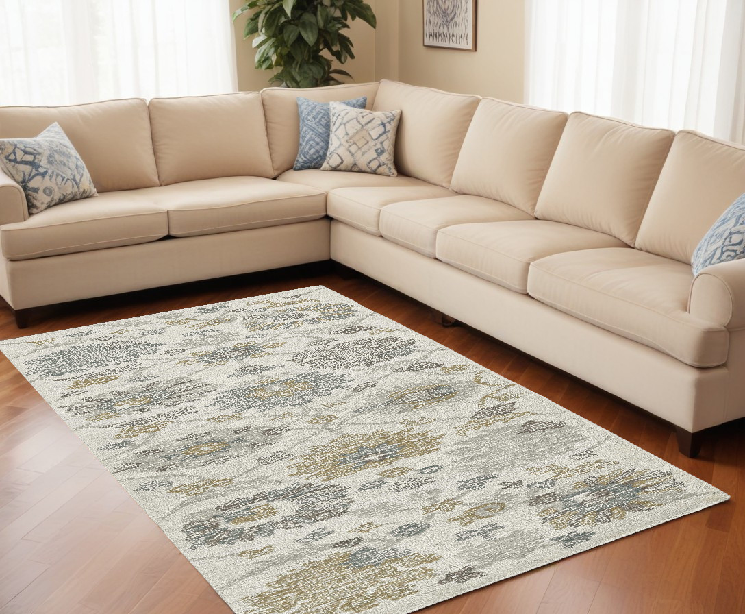 8' X 11' Ivory Gray And Green Wool Floral Hand Tufted Area Rug-374727-1