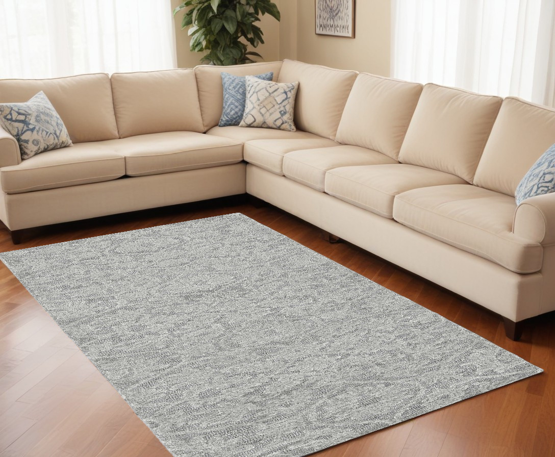 8' X 11' Gray and Light Gray Wool Floral Hand Tufted Area Rug-374732-1