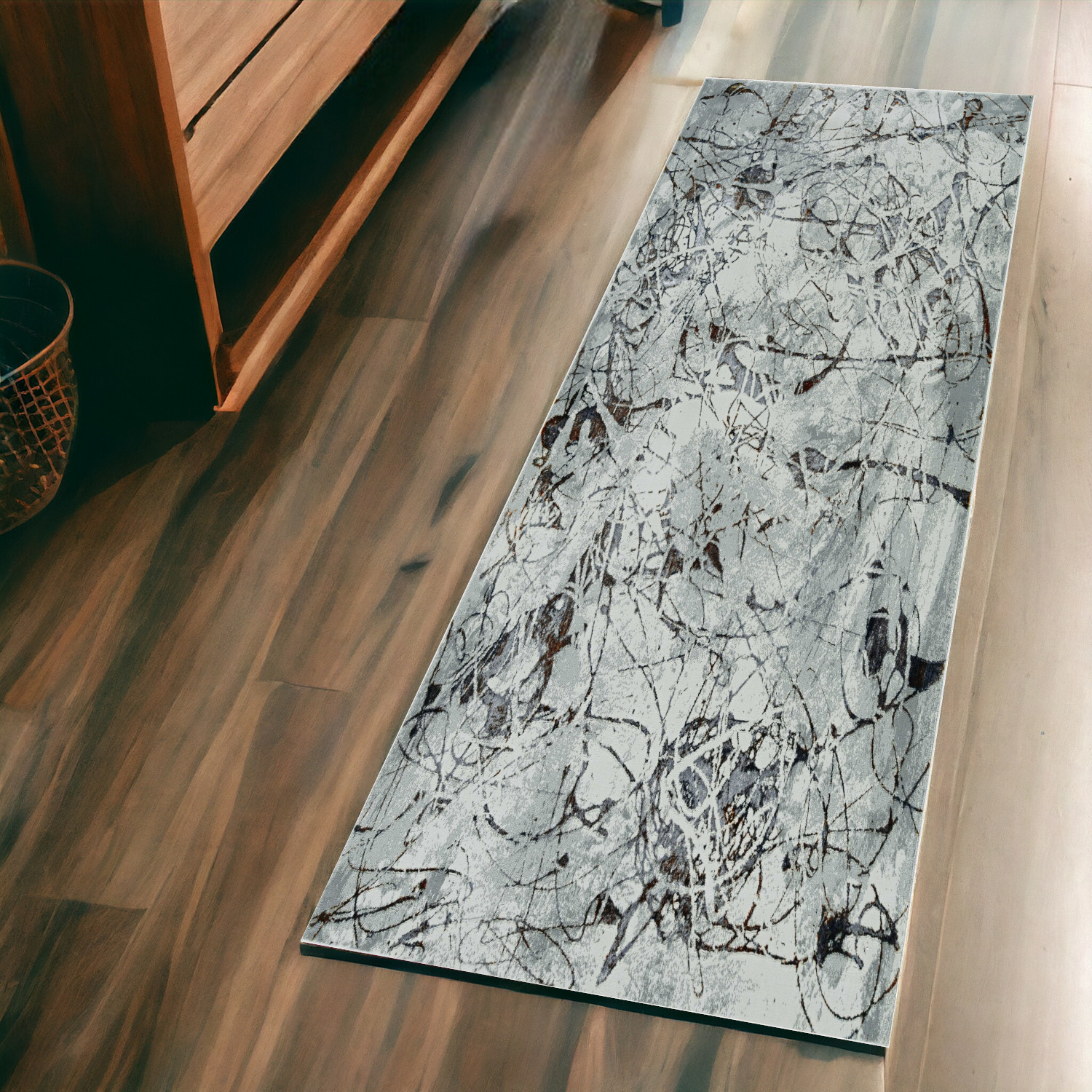 7' Ivory Grey Machine Woven Abstract Vermicular Indoor Runner Rug-374775-1